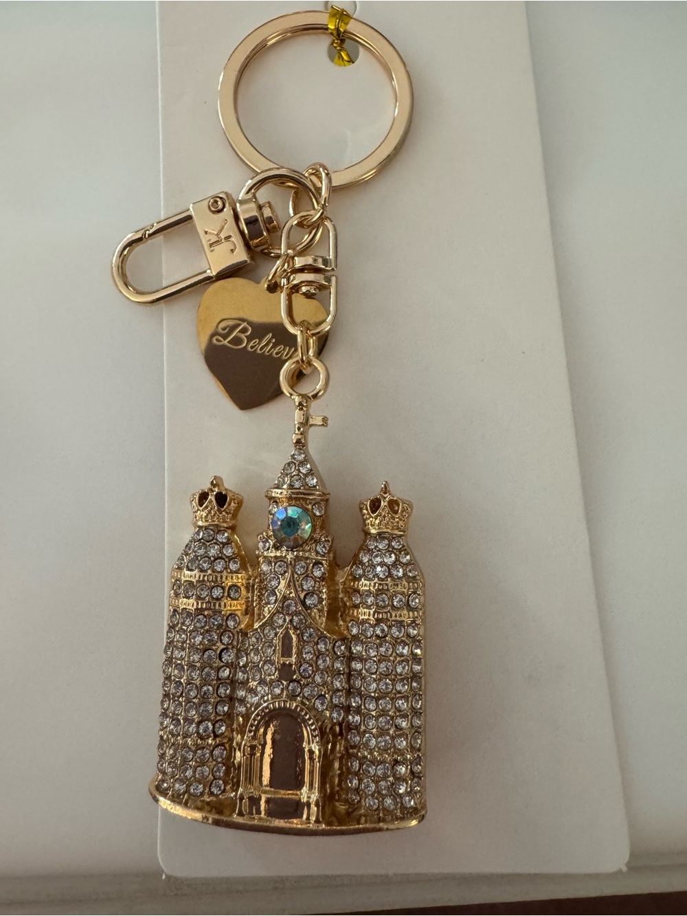 Gold Crystal Castle Keychain with 'Believe' Heart Charm